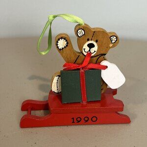 Kurt S Adler Christmas Ornament 1990 Bear on Sled Wood